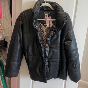 Black Faux Leather Puffer Jacket Coat
